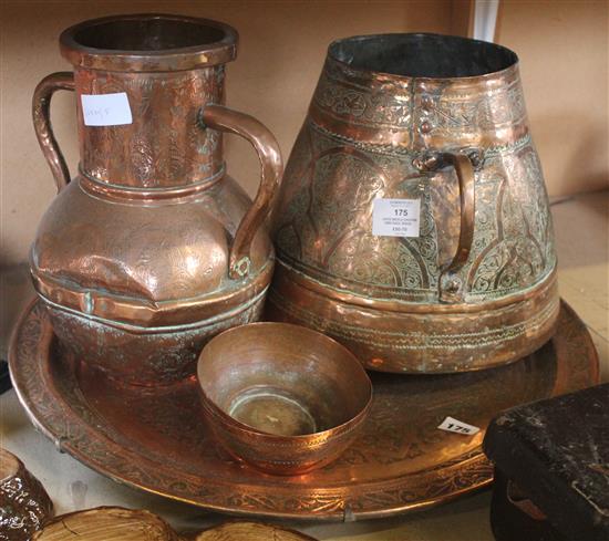 Large Middle Eastern embossed brass circular tray, copper vessel & jug(3)